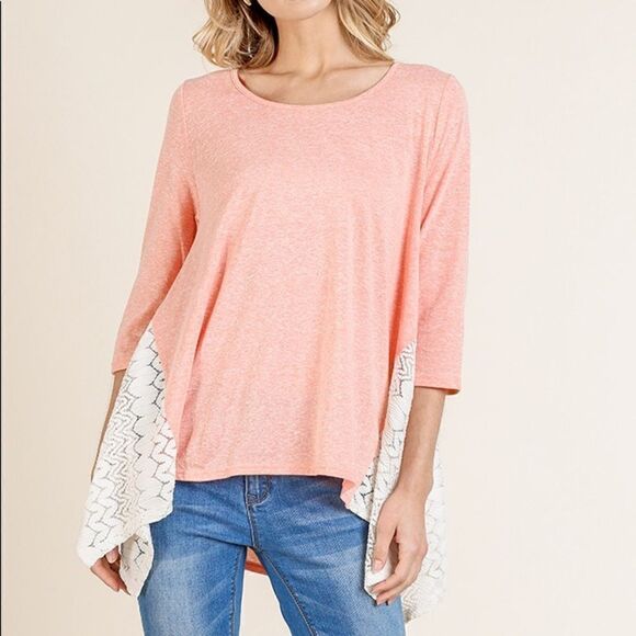 Umgee Tops - 3/4 Sleeve Heathered Round Neck Top with Lace Sharkbite Hem